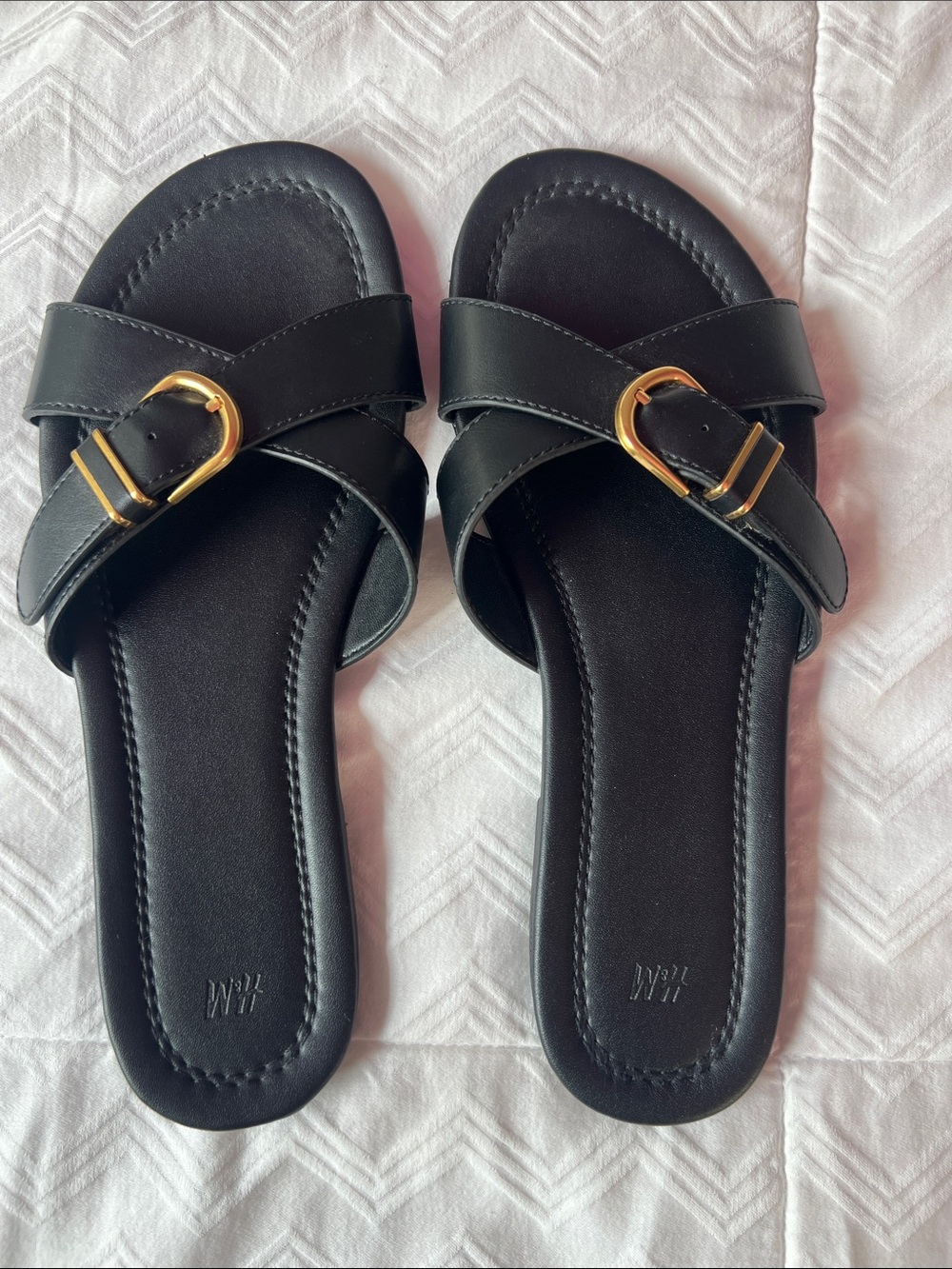 H&M Women's Black Slide Sandals with Gold Buckle-LIKE NEW
